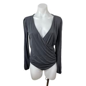 PST Women's Gray Long Sleeve Drape Faux Wrap V Neck Blouse Bodysuit Top Size M